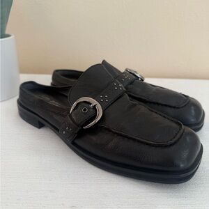 Free People Black Leather Square Toe Studded Buckle Loafers